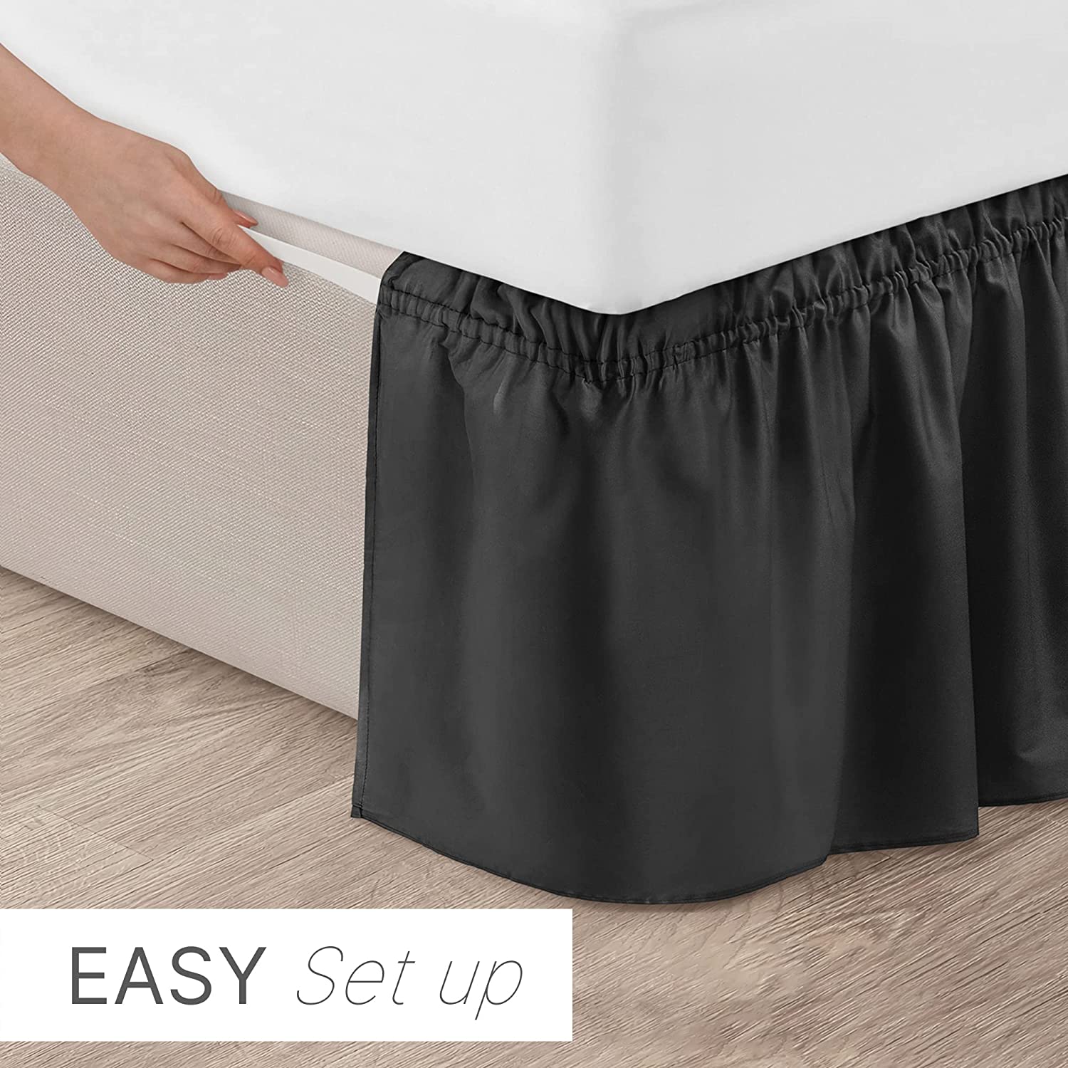 tes Ruffled Elastic Wrap Around Bedskirt 15 Inch Drop - Black