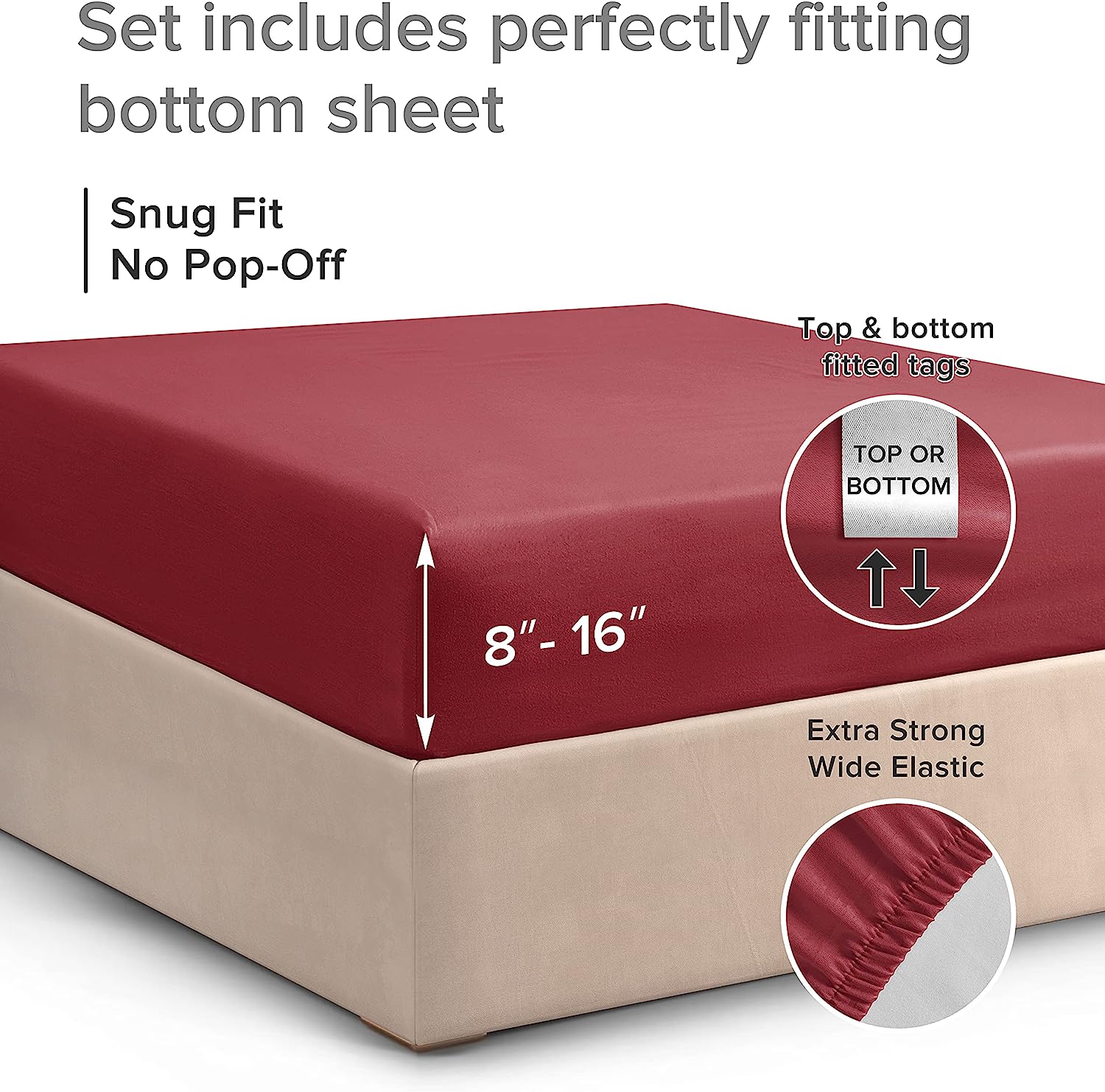 tes Cotton 400 Thread Count Standard Single Fitted Sheet - Burgundy