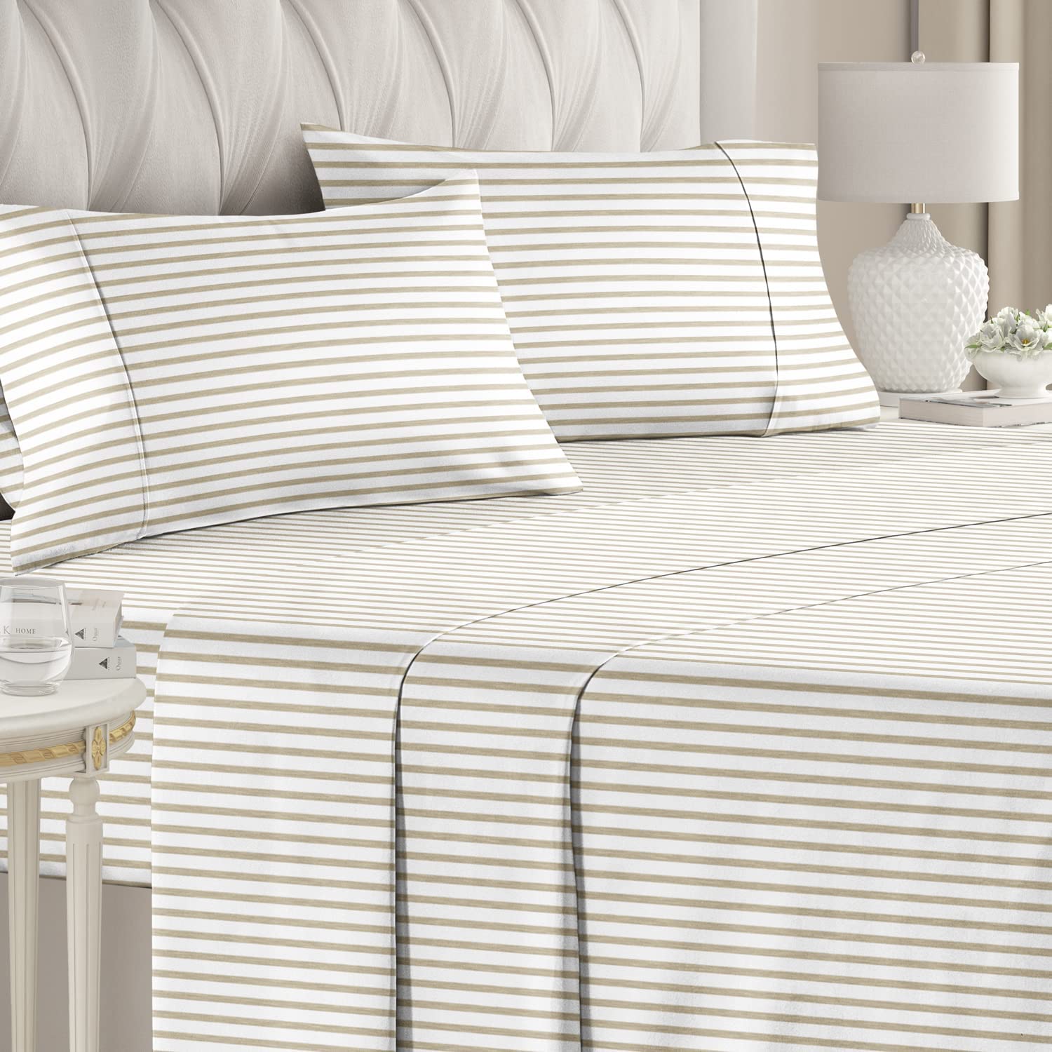 4 Piece Striped Sheet Set - Beige