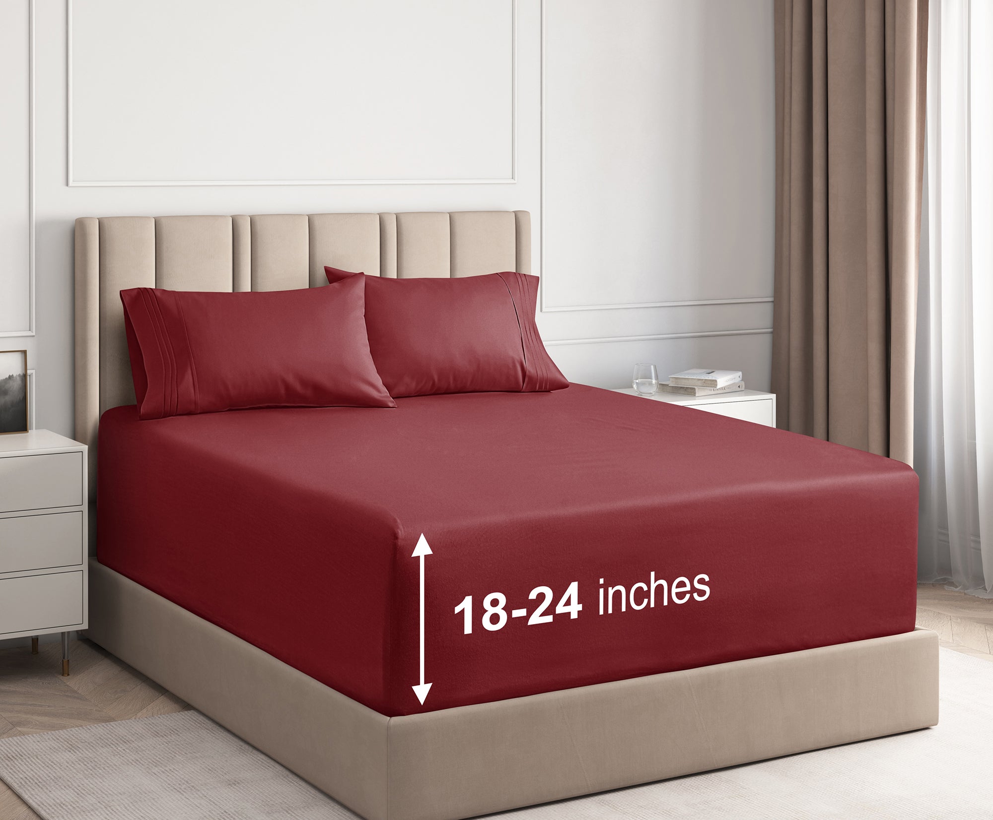 DREAMCARE - Bed Sheets Set - King Size Sheet with Side Pocket - 4pcs Set, 21 Inches, Burgundy, Red